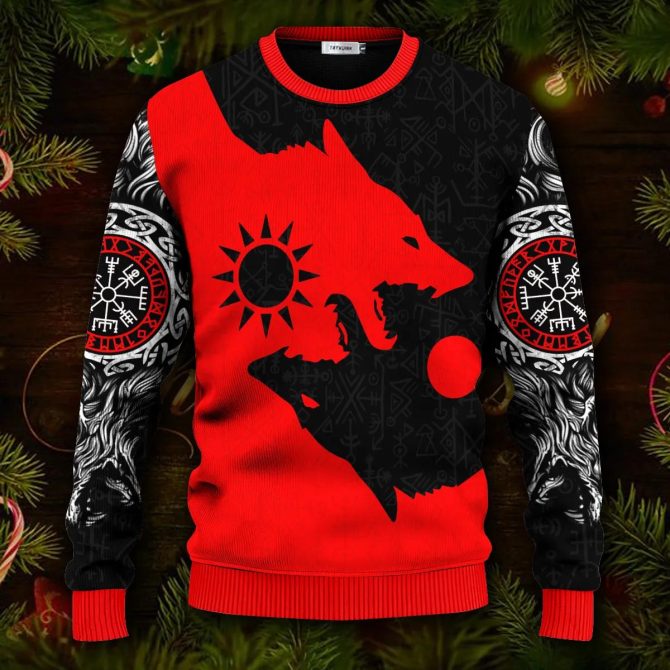 Red Wolf Black Wolf Viking Ugly Christmas Sweater