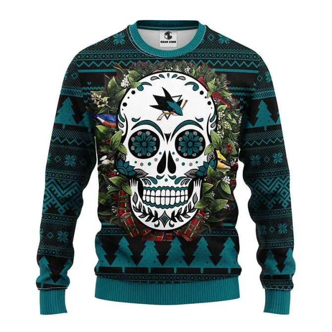 San Jose Sharks Skull Flower Ugly Christmas Sweater, NHL Christmas Sweater