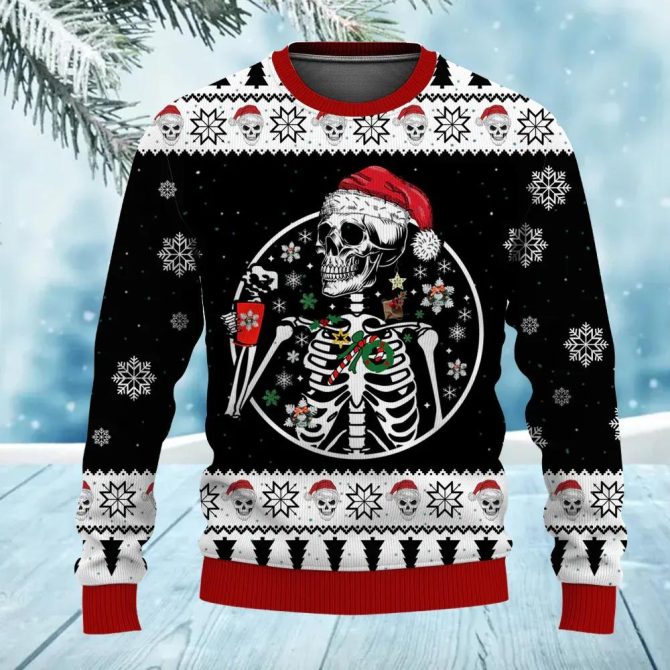 Skeleton Drinking Coffee Skull Funny Ugly Christmas Sweater Men &amp; Women, Skull Xmas Sweater