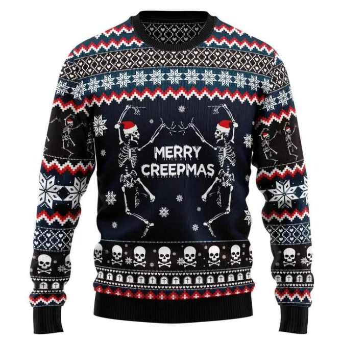 Skeleton Merry Creepmas Ugly Christmas Sweater, Funny Skull Xmas Sweater