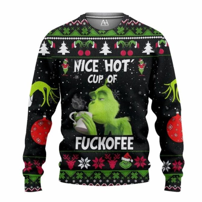 The Grinch Nice Hot Cup Of Christmas Holiday Ugly Sweater, Grinch Holiday Sweater