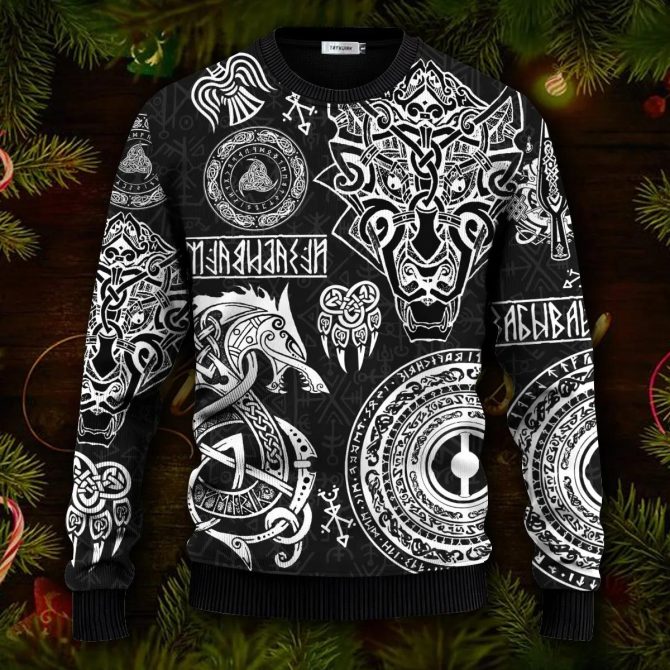 Triple Horn Pattern Cool Symbol Viking Ugly Christmas Sweater