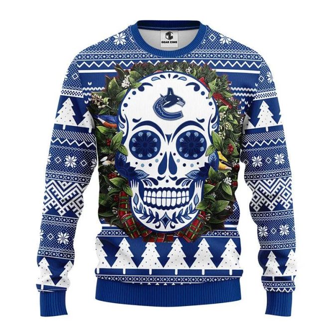 Vancouver Canucks Skull Flower Ugly Christmas Sweater, NHL Christmas Sweater